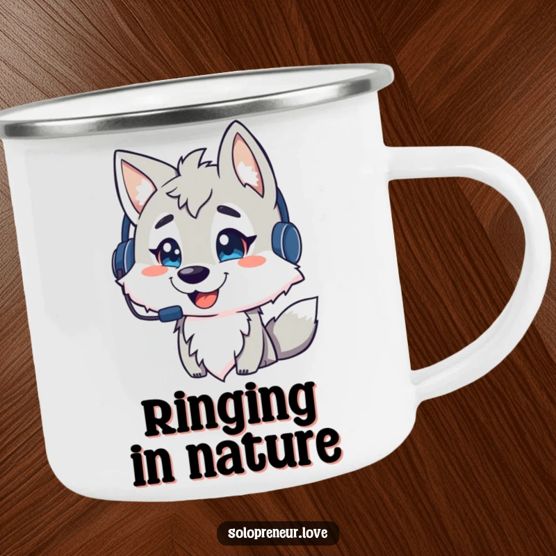 Funny wolf expedition camping mug, a durable mug with a wolf in a headset, ready for the outdoors, a unique funny gift.