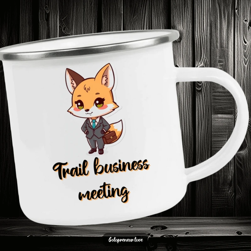 Funny camping mug featuring a small fox character in a tiny suit, holding a briefcase, perfect for outdoor meetings.