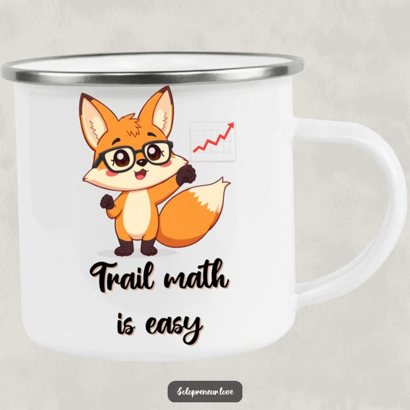 Funny Fox in Glasses Camping Mug: A sturdy mug with a smart fox pointing at a chart, perfect for outdoor strategizing.