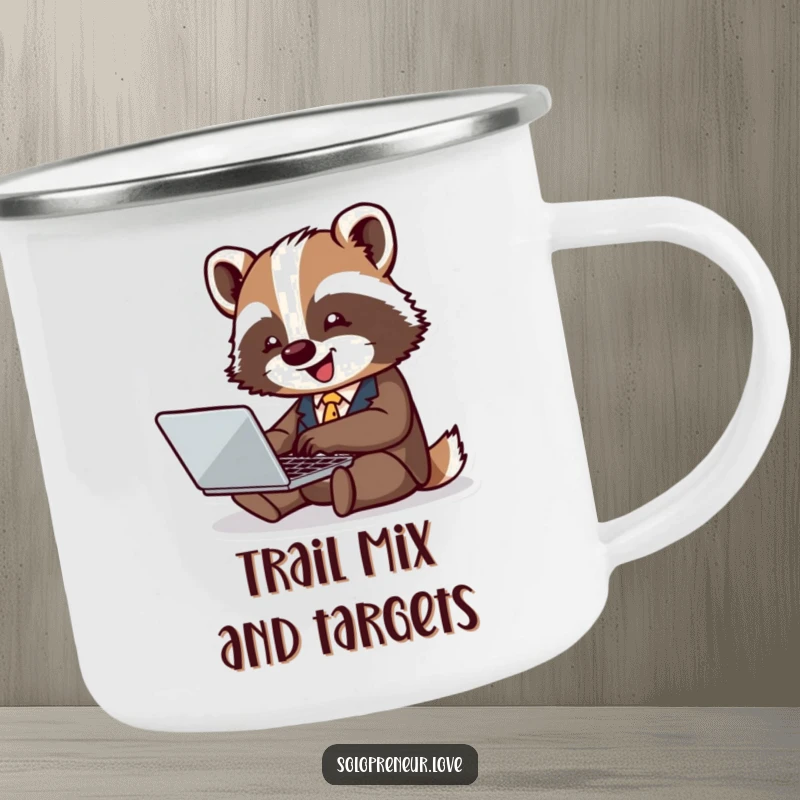 Funny badger business camping mug with a tiny badger in a suit typing joyfully on a laptop, perfect for outdoor work.