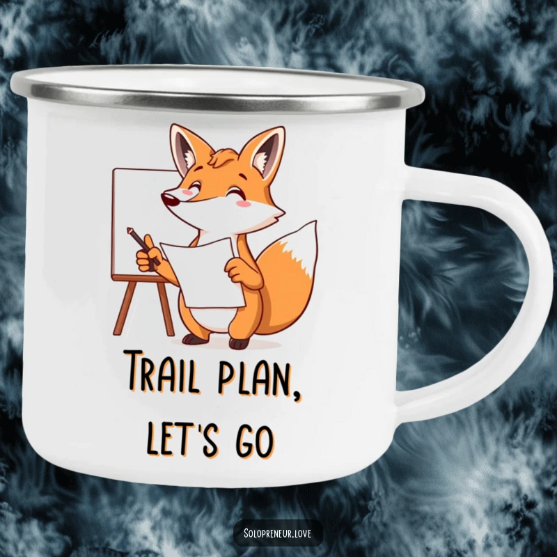 Funny fox camping mug depicting a focused character pointing at a whiteboard with a plan, designed for outdoor use and planning.