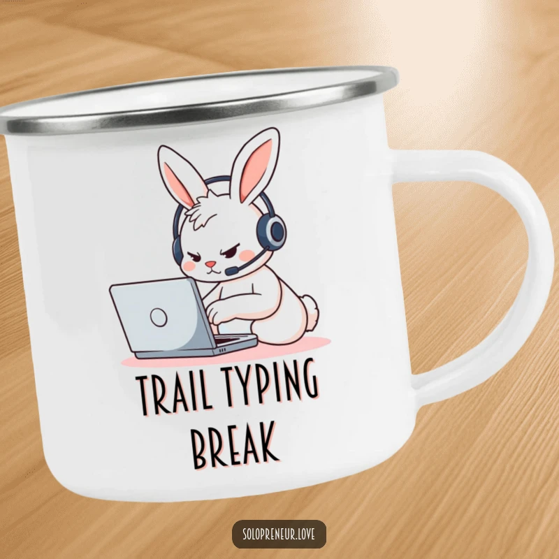 Funny determined rabbit character, headset on, typing furiously on a laptop, on a durable camping mug.