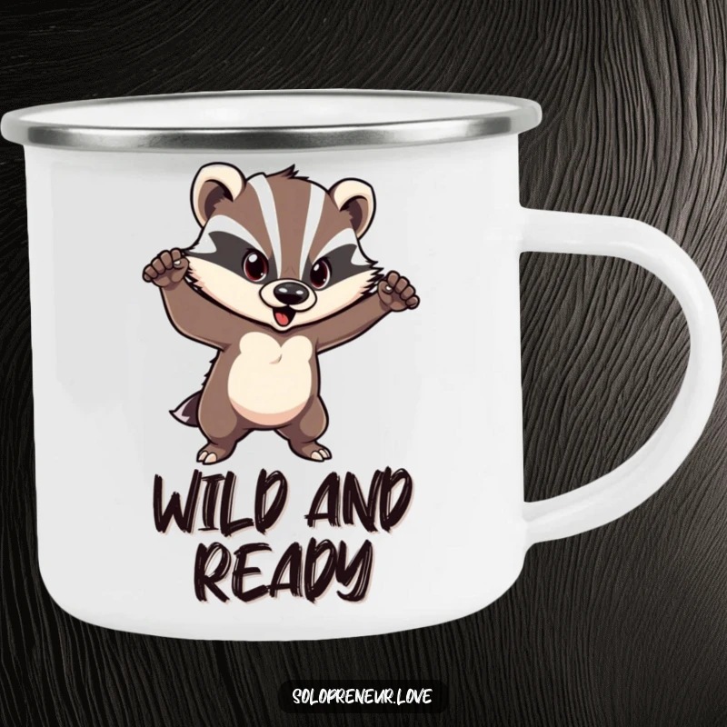 Funny badger camping mug featuring a courageous character in a confident pose, durable for outdoor use and inspiring.