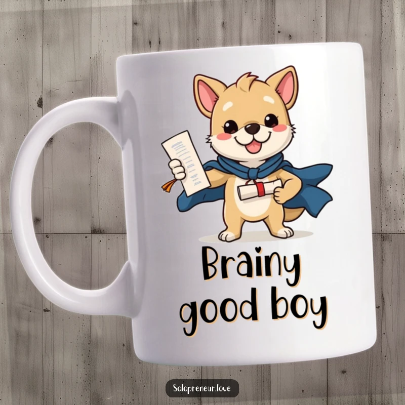 Funny mug shows a confident dog striking a heroic pose, holding a diploma, embodying graduation achievement and proud humor.