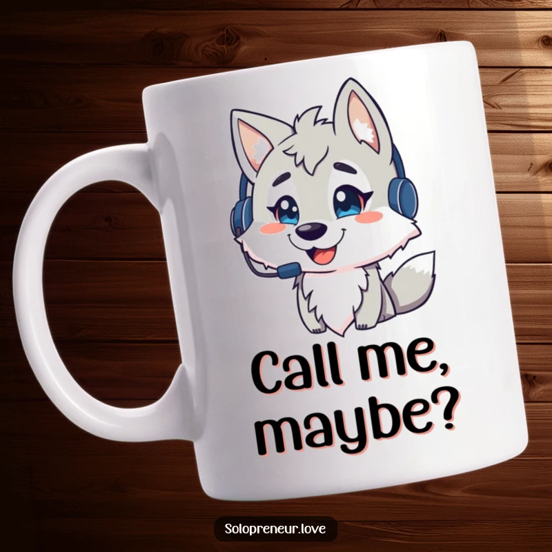Funny wolf gamer mug, a smiling wolf wearing a headset, talking animatedly, representing communication and strategy, a cool funny gift.