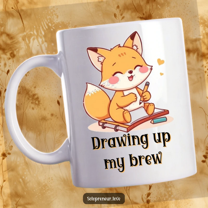 Funny fox artist mug showing a small fox gleefully sketching on a notepad, celebrating creativity and artistic endeavors.