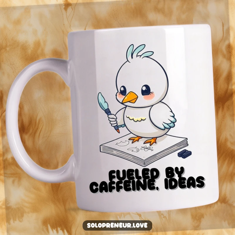 Funny bird mug featuring a creative character using a feather pen to sketch on a notepad, a delightful caffeine companion.