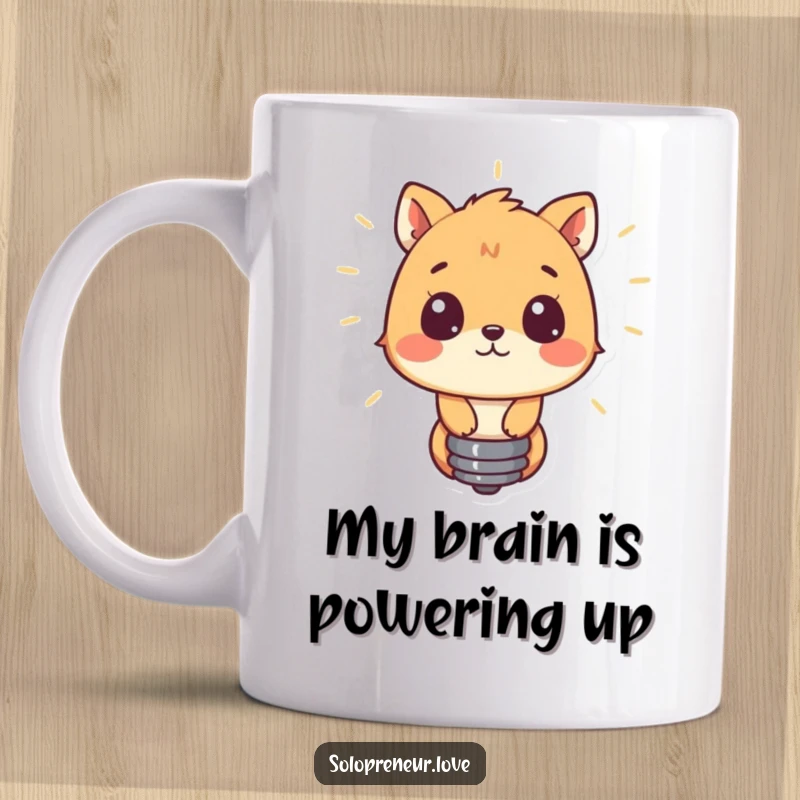 Funny mug showing a curious animal captivated by a glowing lightbulb, symbolizing a bright idea and whimsical wonder.