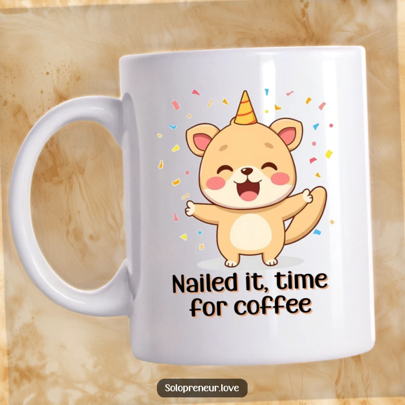 Funny mug showcasing a jubilant animal amidst a confetti explosion, celebrating a small but significant personal victory.