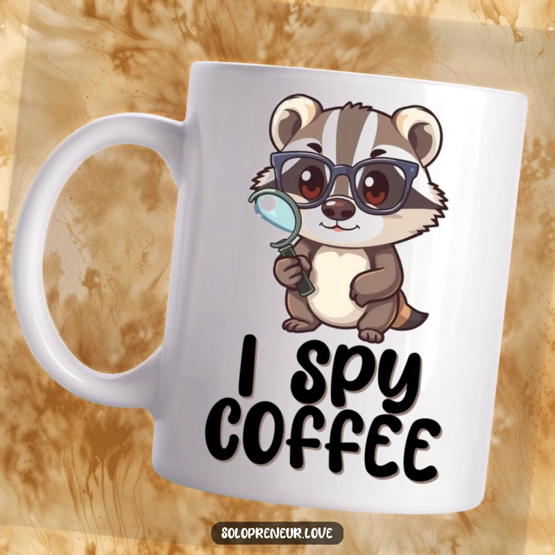 Funny badger detective on a mug, peering through a magnifying glass with glasses, embodying curiosity and determination for a humorous gift.