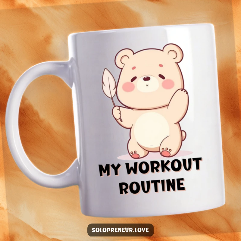 Funny bear character straining with all its might to lift a single light feather, printed on a mug for a dose of relatable humor.