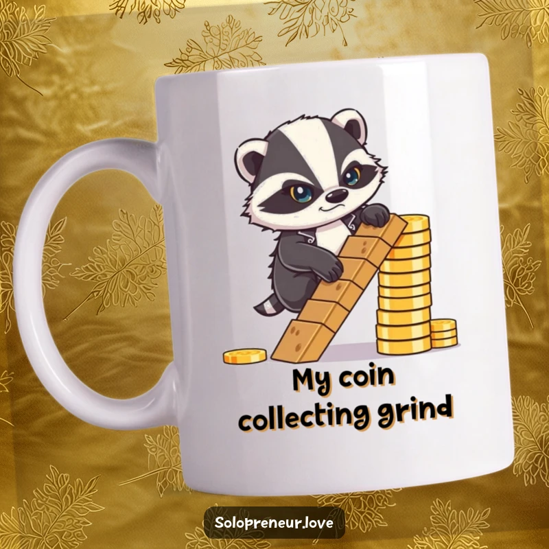 Funny Mug: A determined badger with a frown climbs a ladder made of coins, showing ambition.