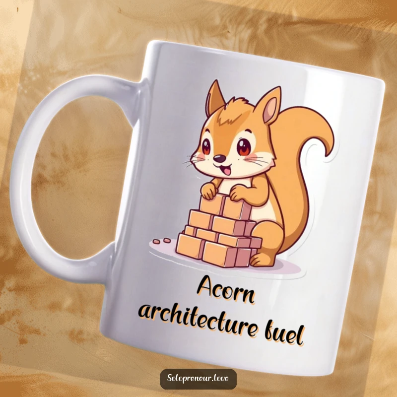 Funny determined squirrel character focused on building a structure with colorful blocks on a mug.