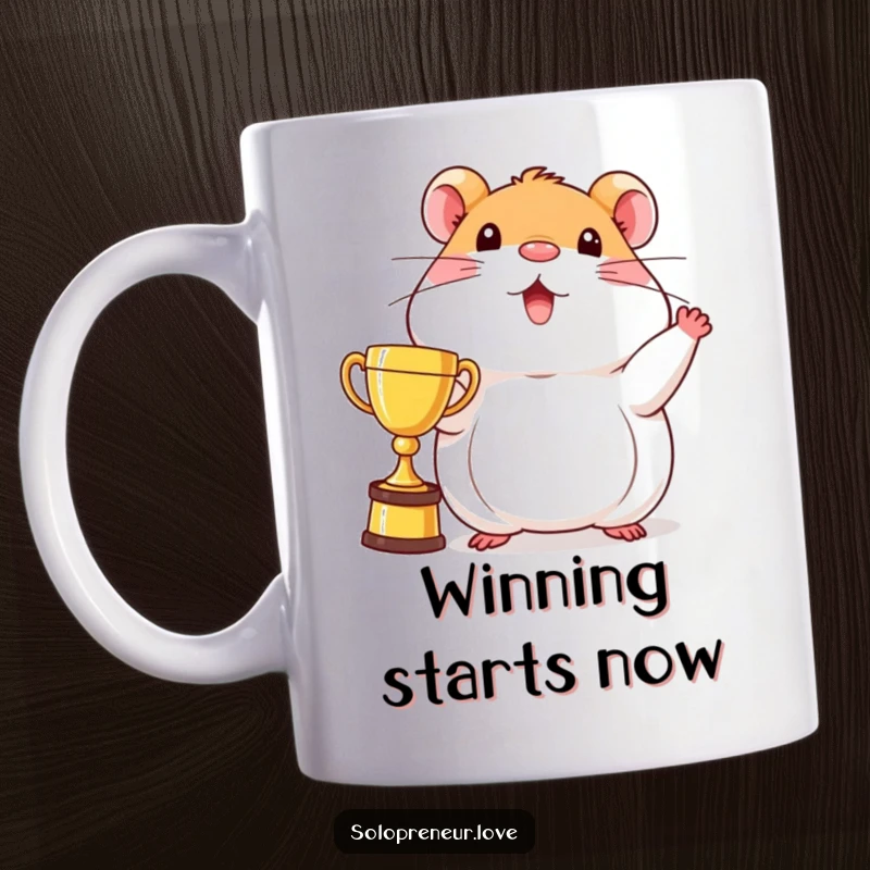 Funny beaming hamster mug showing a character proudly displaying a single trophy, symbolizing victory and achievement.