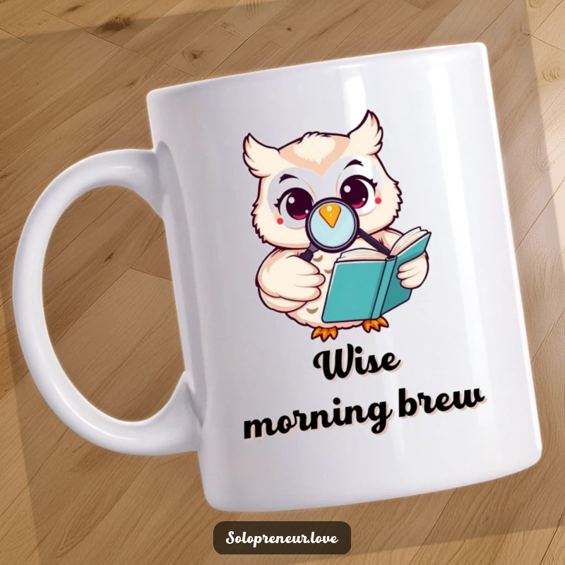 Funny happy owl mug showing a character reading a book with a magnifying glass, symbolizing knowledge and curiosity.