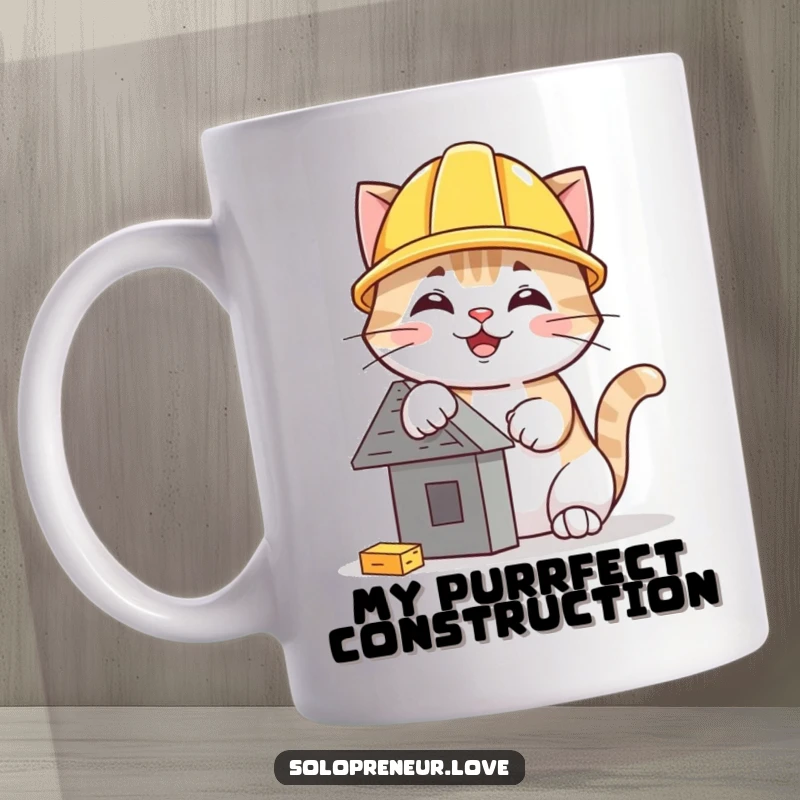 Funny hard hat cat mug featuring a determined feline construction worker happily building a miniature structure with tools and determination.