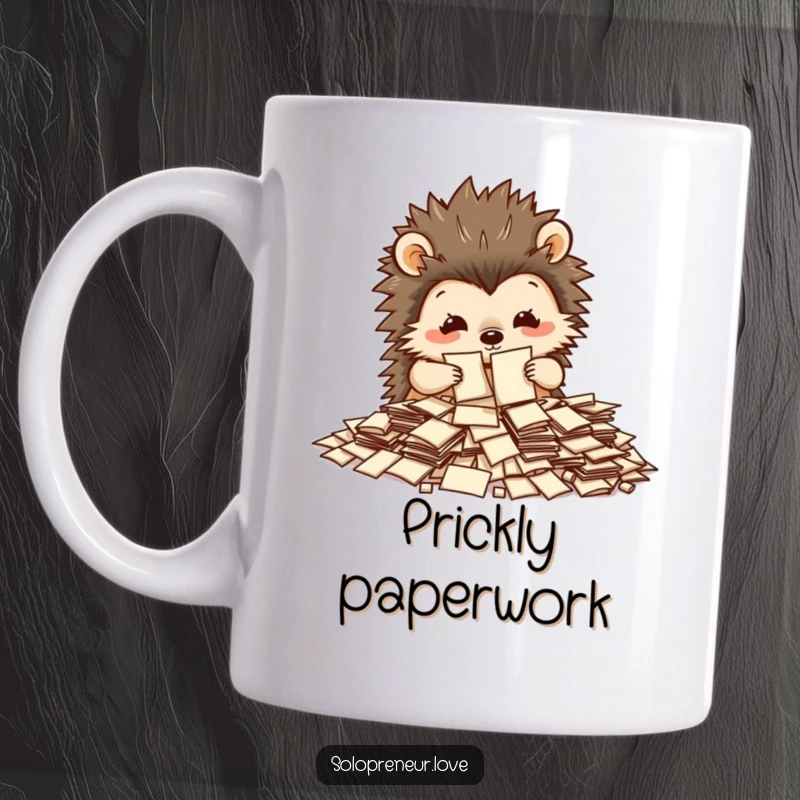 Funny hedgehog character busy sorting a pile of tiny papers, symbolizing organization and industriousness on a mug.