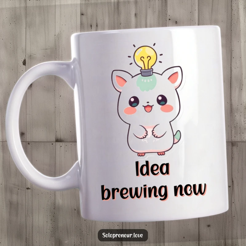 Funny mug showing a playful creature with a glowing lightbulb symbol above its head, representing a great idea and creative inspiration.