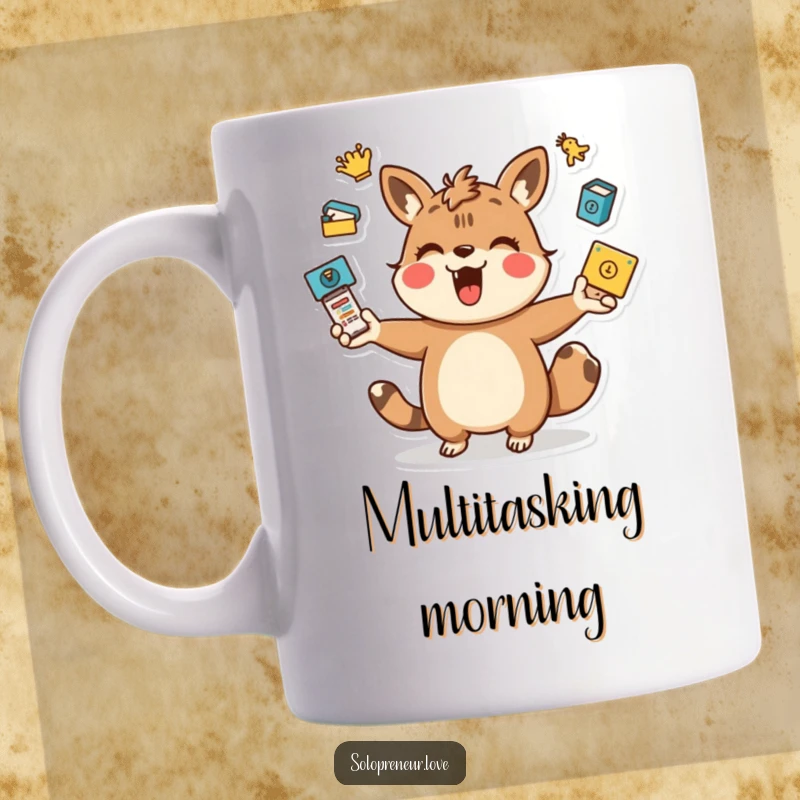 Funny juggling animal mug with a playful character energetically tossing task icons, celebrating the art of multitasking humorously.