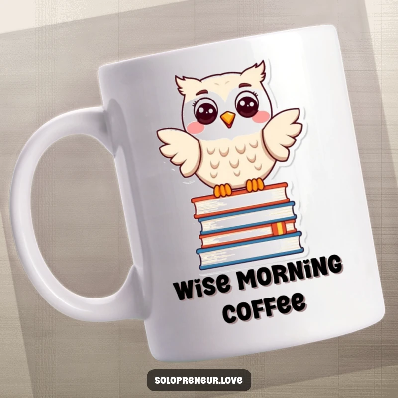 Funny mug showcasing a happy owl character perched contentedly on a stack of books, smiling with wisdom and delight.