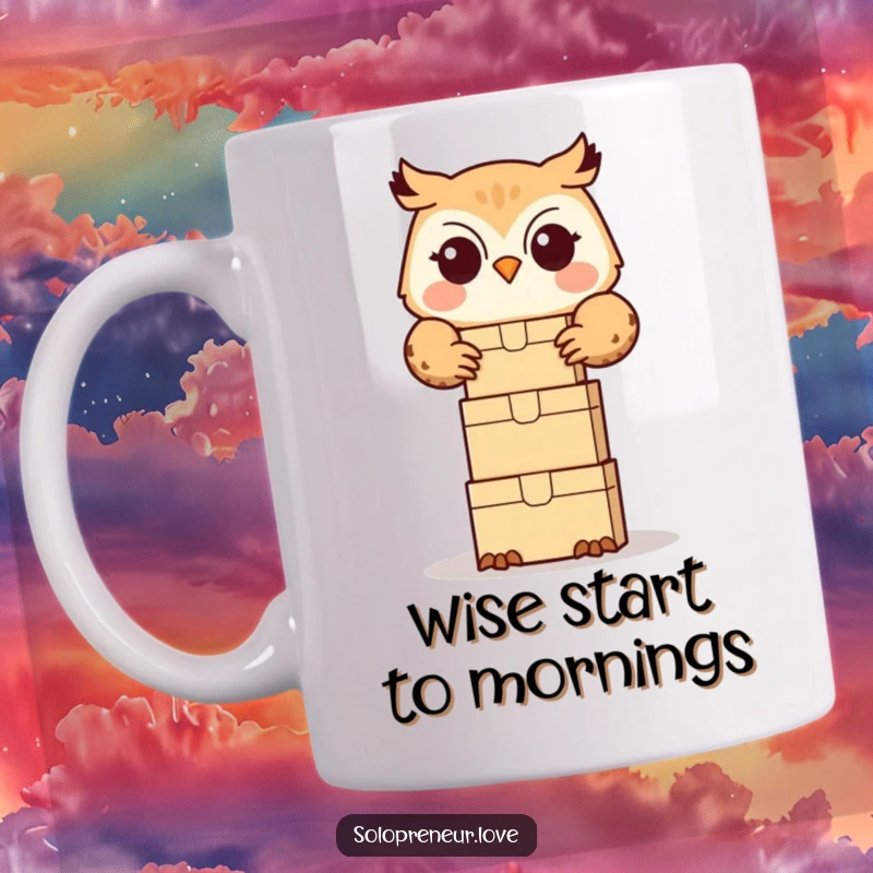 Funny owl organizer mug showing a cute owl happily stacking small boxes, embodying efficiency and playful charm.