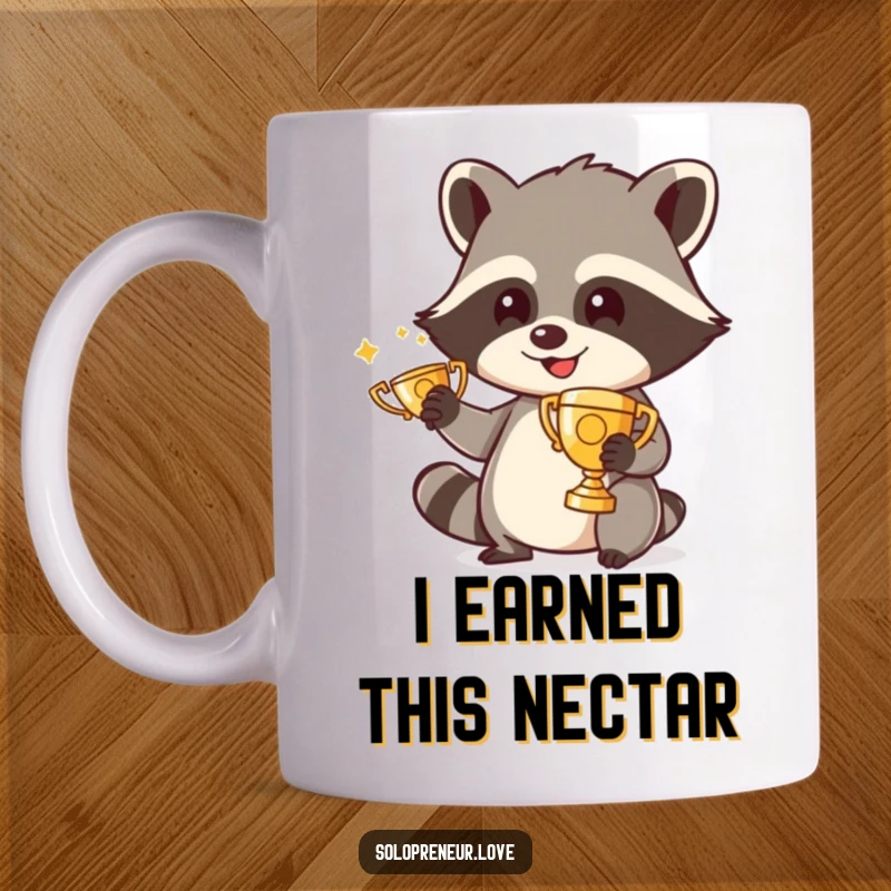 Funny mug featuring a smiling raccoon character meticulously polishing a tiny golden trophy, embodying achievement and humor.