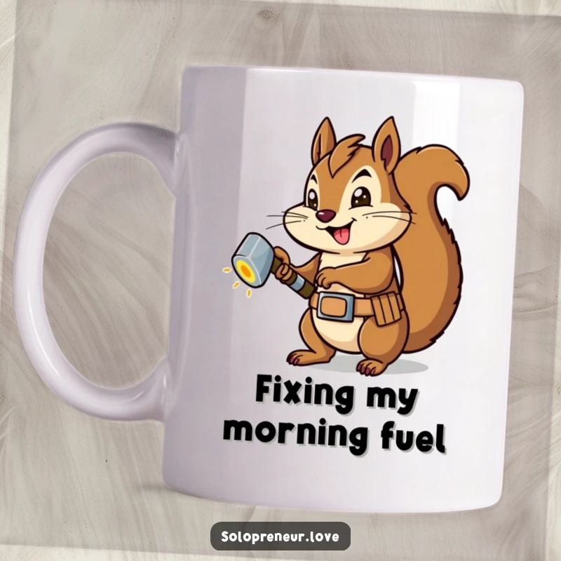 Funny Squirrel Carpenter Mug: A cheerful squirrel in a tool belt confidently hammering a bright, glowing bolt, showing industriousness.