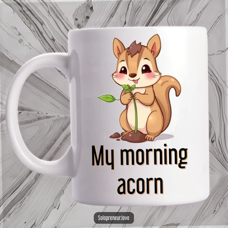 Funny squirrel planting mug of a proud, happy squirrel carefully planting a small green sprout in the soil.