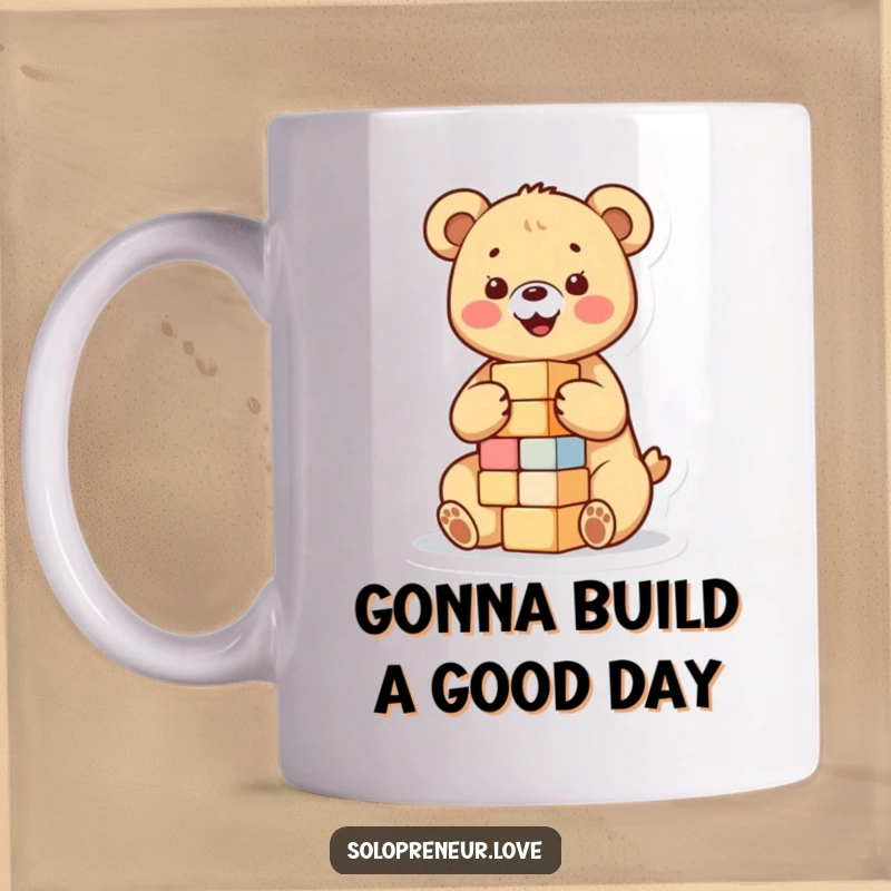 Funny mug showing a happy bear cub joyfully stacking colorful blocks to build a small tower, depicting innocent fun and childhood.