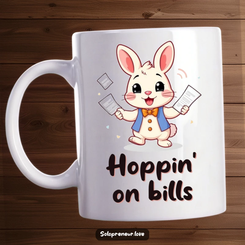 Funny Mug featuring a cheerful rabbit character skillfully juggling a pile of messy business invoices, embodying relatable office humor.