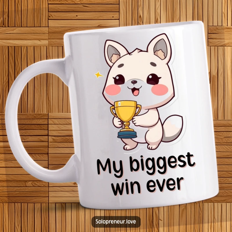 Funny mug featuring a proud animal character triumphantly holding a tiny trophy, beaming with joy and accomplishment.