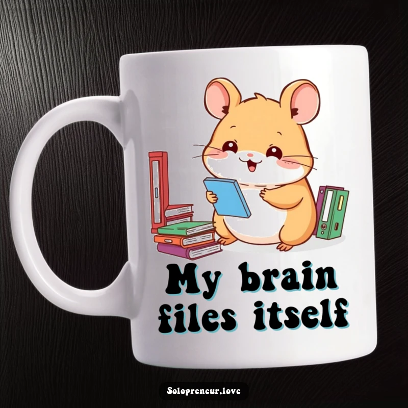 Funny hamster mug featuring a smiling character meticulously organizing tiny files, perfect for desk humor and office gift seekers.