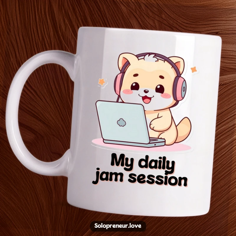 Funny Techie Creature Mug: Cute character wearing headphones, excitedly typing on a laptop with intense focus.