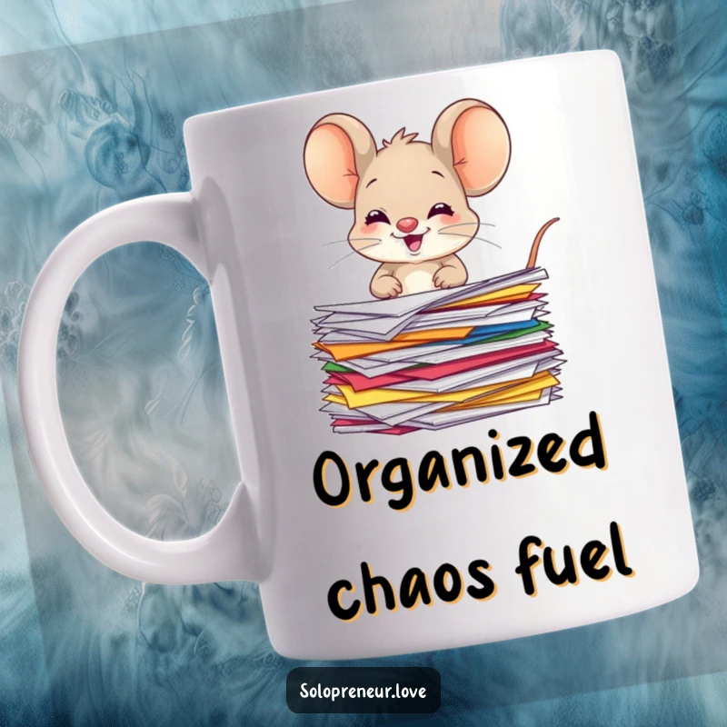 Funny giggling mouse mug featuring a character joyfully organizing a pile of colorful papers with happy energy.