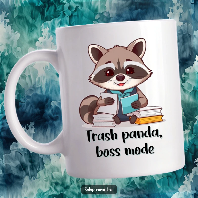 Funny Raccoon Organizer Mug showing a smiling raccoon diligently sorting papers, symbolizing hard work and order.