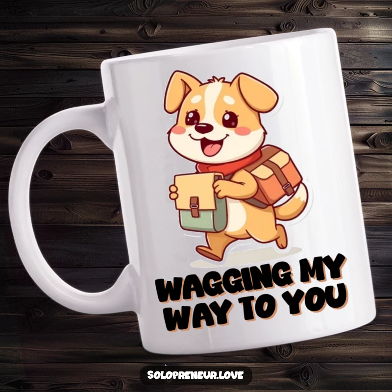 Funny dog mug featuring a busy, gleeful character in a messenger bag, delivering a package with infectious enthusiasm.