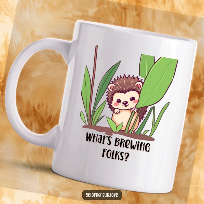 Funny hedgehog mug, a hedgehog peeking curiously from behind a green plant, cute and heartwarming, a lovely funny gift.