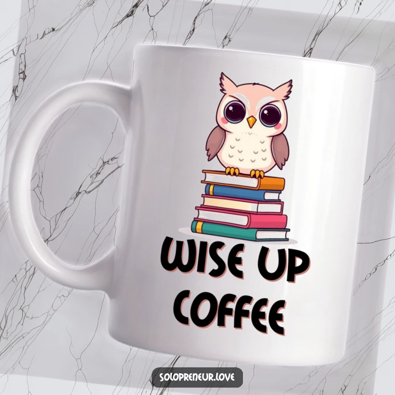 Funny Owl Business Books Mug featuring a wise owl sitting atop a pile of business books, symbolizing knowledge.