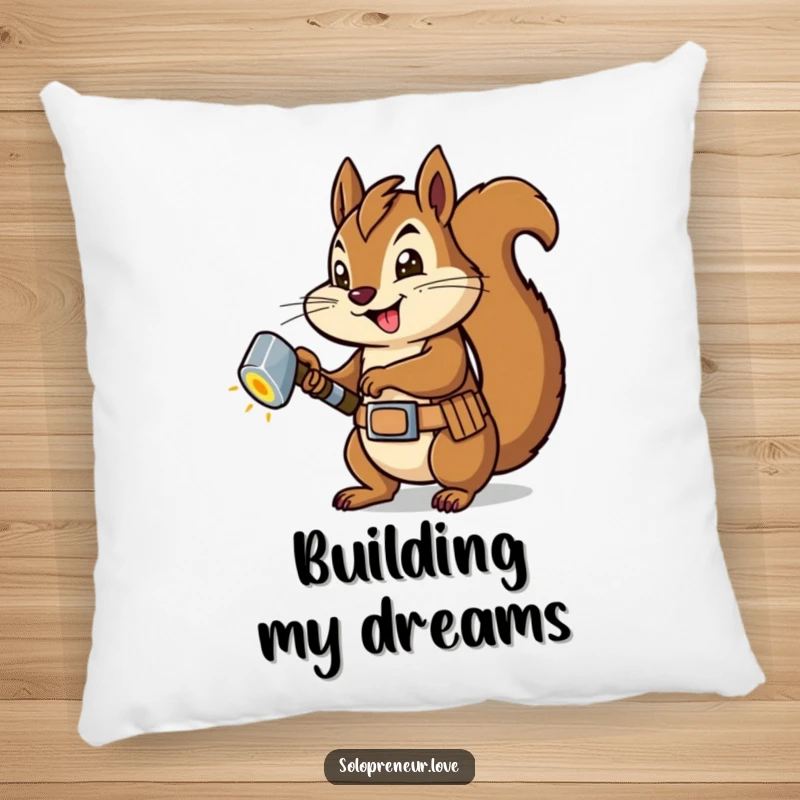 Funny Squirrel Carpenter Pillow: A soft pillow featuring a squirrel hammering a glowing bolt, perfect for a cozy, industrious vibe.