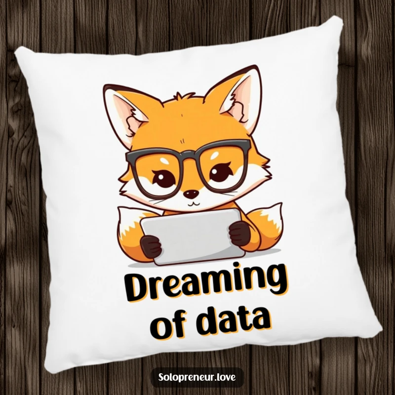 Funny pillow featuring a wise fox with glasses concentrating on a tablet, offering comfort and a touch of intellectual humor.