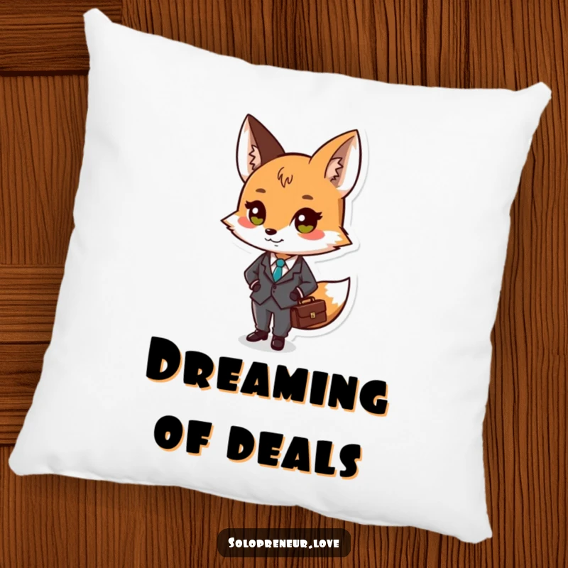 Funny pillow featuring a small fox character in a tiny suit, holding a briefcase, ideal for cozy decor.