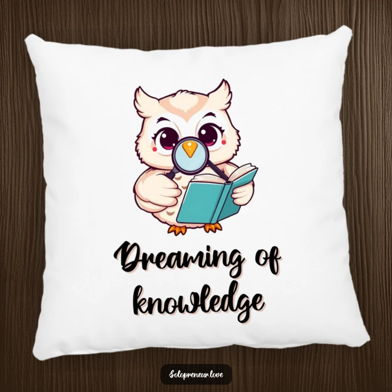 Funny happy owl pillow featuring a character reading a book with a magnifying glass, offering comfort and intellectual charm.