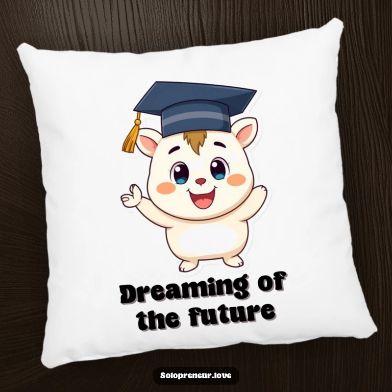 Funny Graduation Creature Pillow: Soft cushion featuring a smiling creature wearing a graduation cap, cheering.