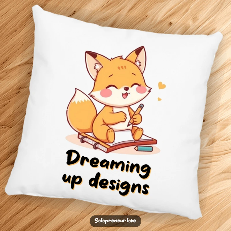 Funny fox artist pillow with a small fox gleefully sketching on a notepad, perfect for comfortable artistic relaxation.