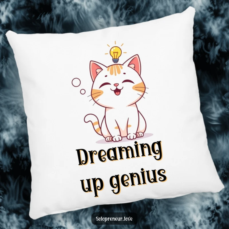 Funny Pillow: A playful cat character with a glowing lightbulb overhead, representing a sudden, brilliant idea.
