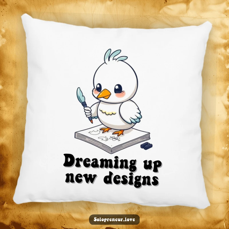 Funny bird pillow featuring a creative character sketching with a feather pen, providing soft comfort and a humorous artistic accent.