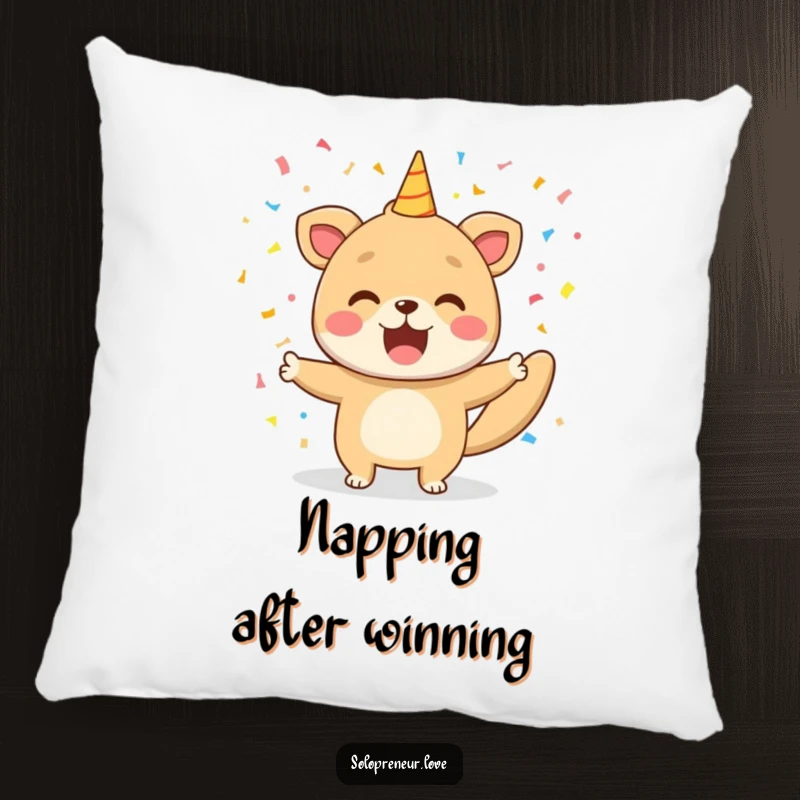 Funny pillow featuring a happy animal joyfully releasing confetti, providing a soft, celebratory accent for any seating area.