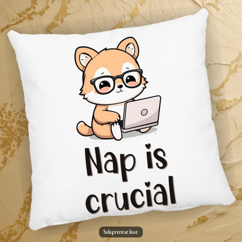 Funny animal pillow with a cute, bespectacled animal character focused on a tiny laptop, offering comfort and intellectual charm.