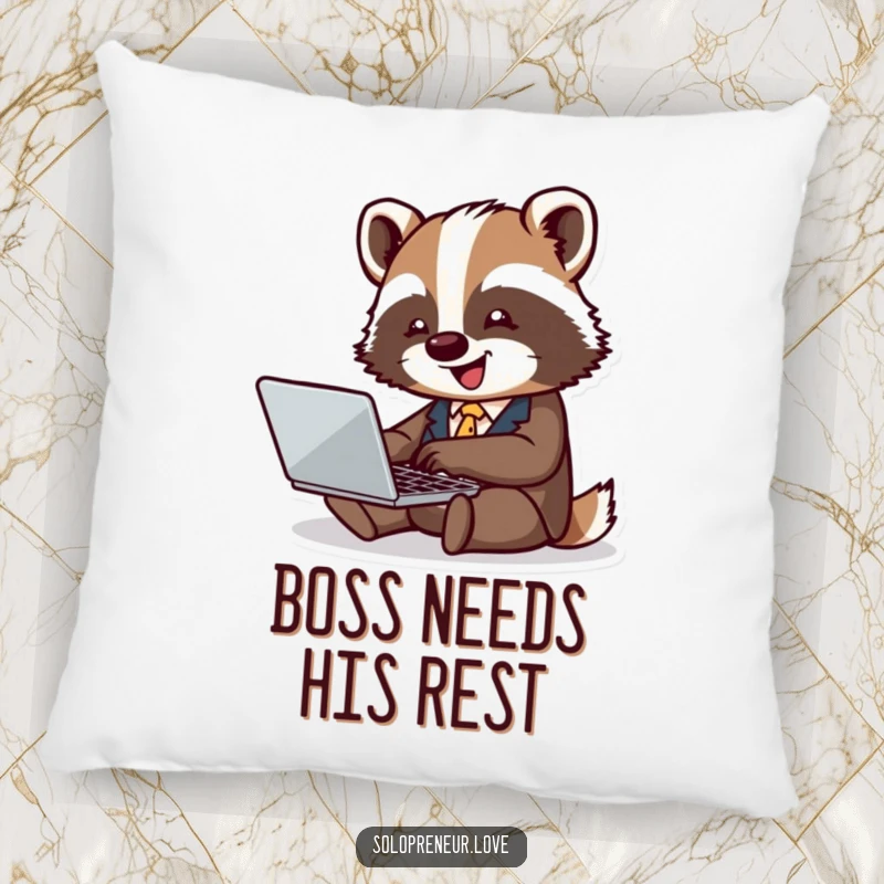Funny badger business pillow with a tiny badger in a suit typing happily on a laptop, perfect for office comfort.