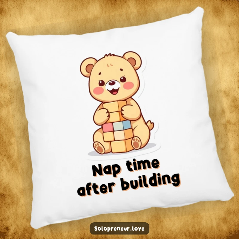 Funny pillow featuring a happy bear cub building a small tower of blocks, offering comfort and a touch of adorable, playful charm.